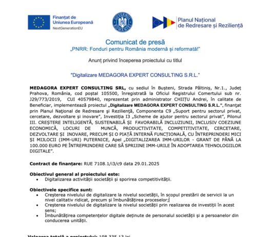 Comunicat de Presa PNRR : Digitalizare MEDAGORA EXPERT CONSULTING S.R.L.